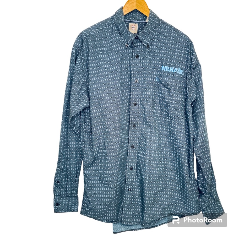 Cinch Blue Long Sleeve Button Down Shirt Medium NRHA Western Cowboy Dress Shirt